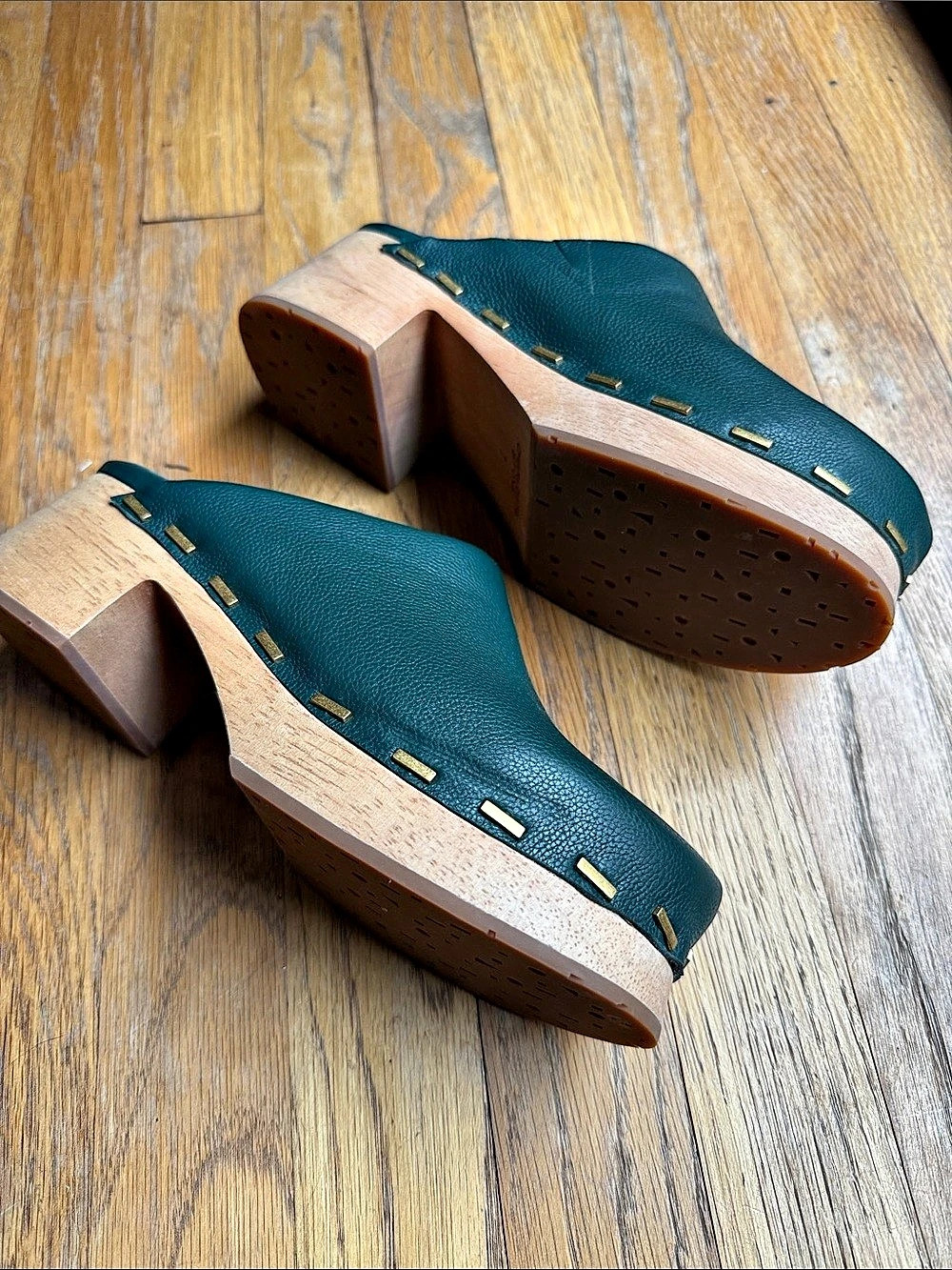 Charlotte Stone Wooden Heel Clogs in Green - Picture 3 of 9